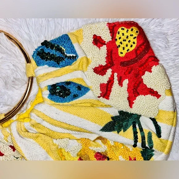 NWT Anthropologie Multicolor beaded yellow stripe canvas Women's Bag - Picture 4 of 7